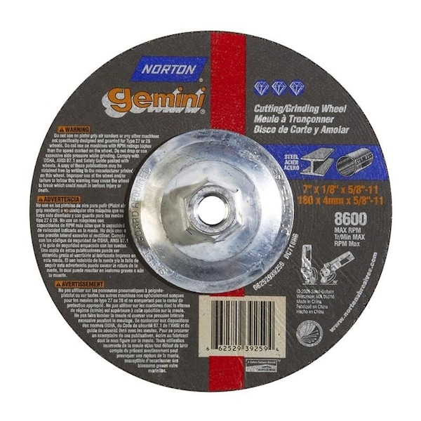 Norton Co Grinding Wheel, Depressed Cntr, Type 27 - Metal - Gemini Alu Oxide, 7 x 1/8 x 5/8-11, Max RPM: 8600 662529-39259 - main